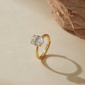 14k Gold Plated Oval CZ Solitaire Ring 2ct Adjustable Band Museori